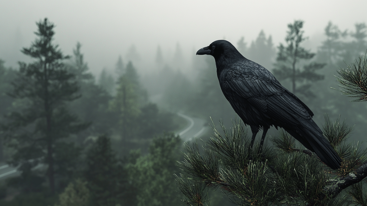 A Crow Observing Forest from Tall Pine Tree