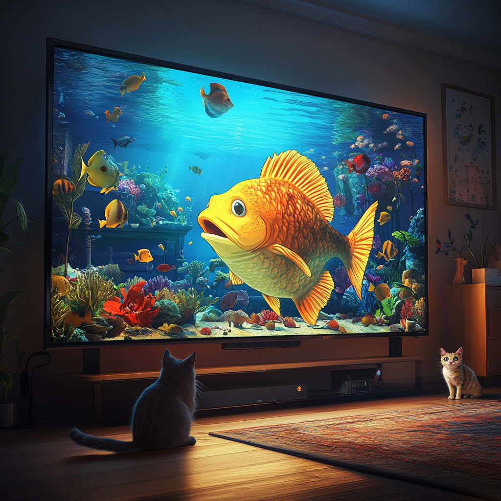 A Curious Cat Watches Colorful Fish on TV