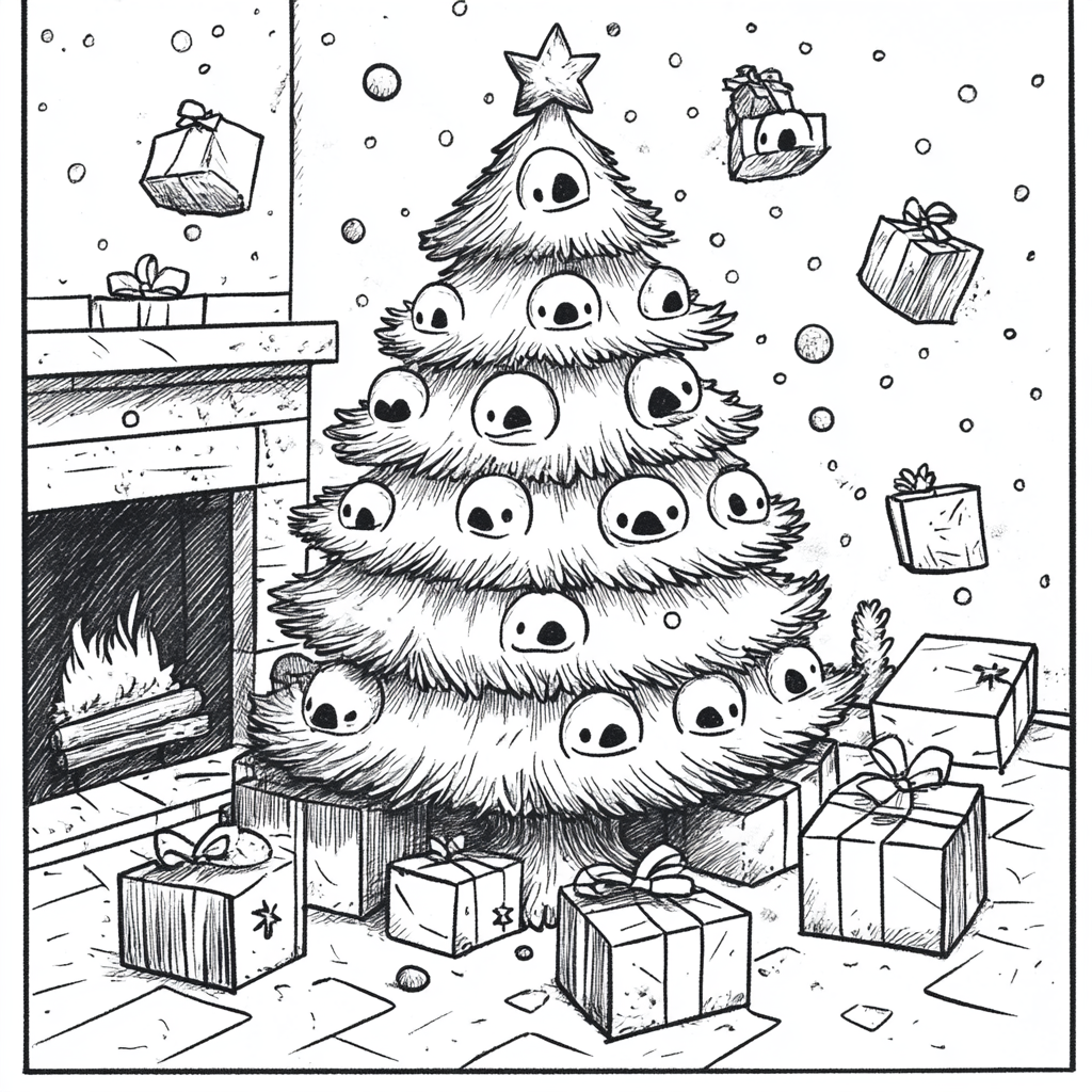 A Cursed but Cute Christmas Tree Coloring Page