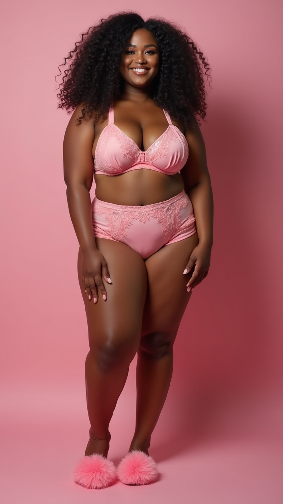A Curvy African American Lady in Pink Lingerie