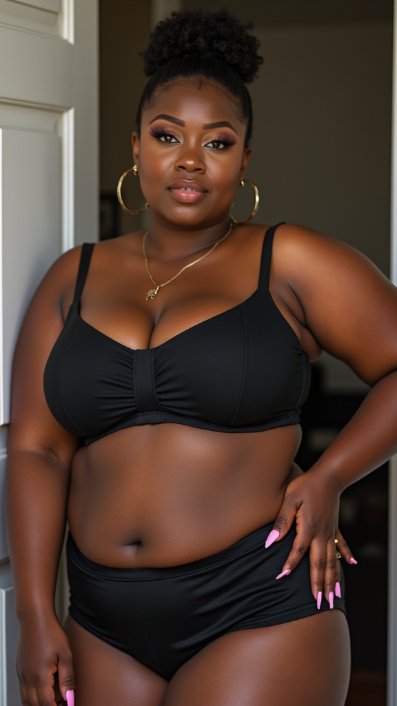 A Curvy Black Lady with Pixie Cut and Glossy Lips