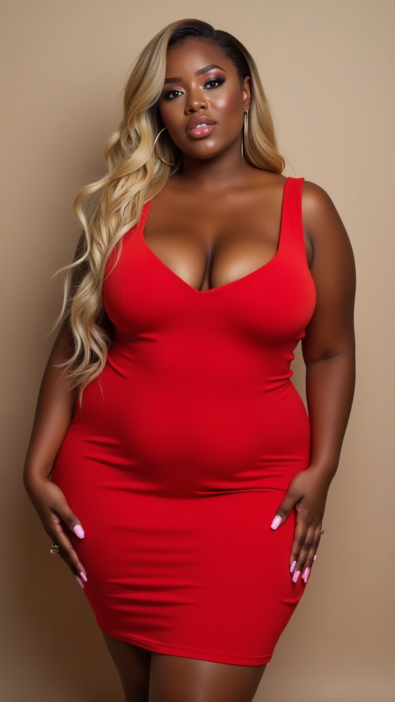 A Curvy Lady in Red Dress with Blonde Hair