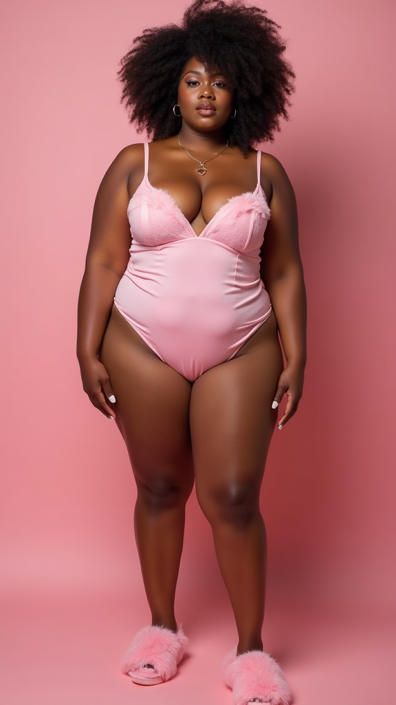 A Curvy Woman in Pink Chemise and Slippers