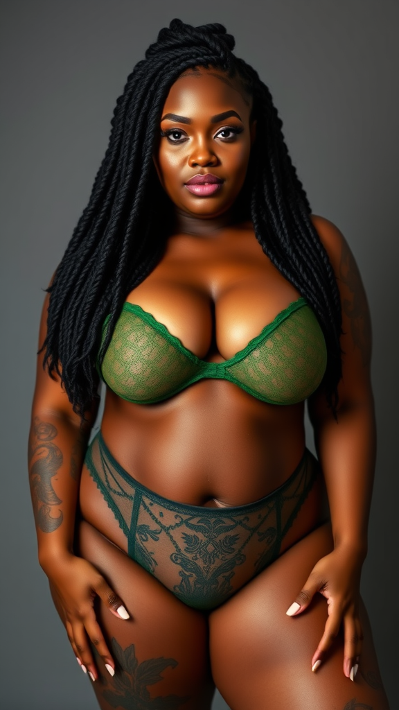 A Curvy Woman with Braids and Green Lingerie
