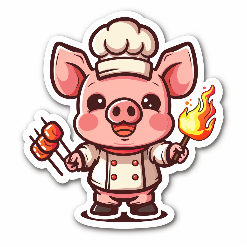 A Cute Cartoon Pig Chef with Pork Satay