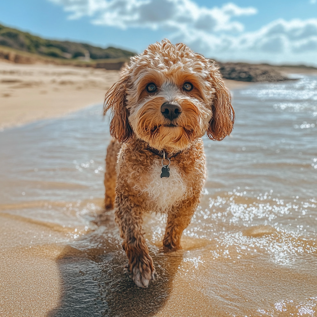 A Cute Cavoodle Dog Walking on Beach