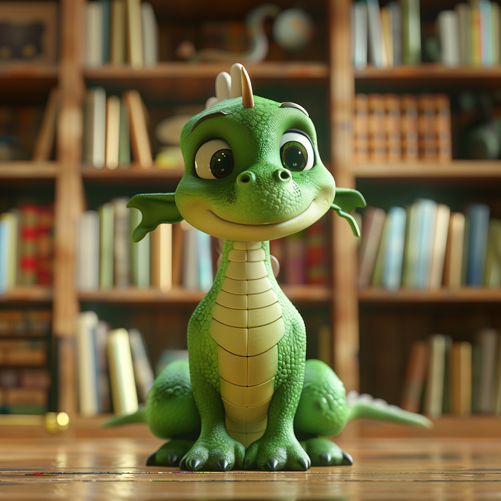 A Cute Green Dragon Standing in Library