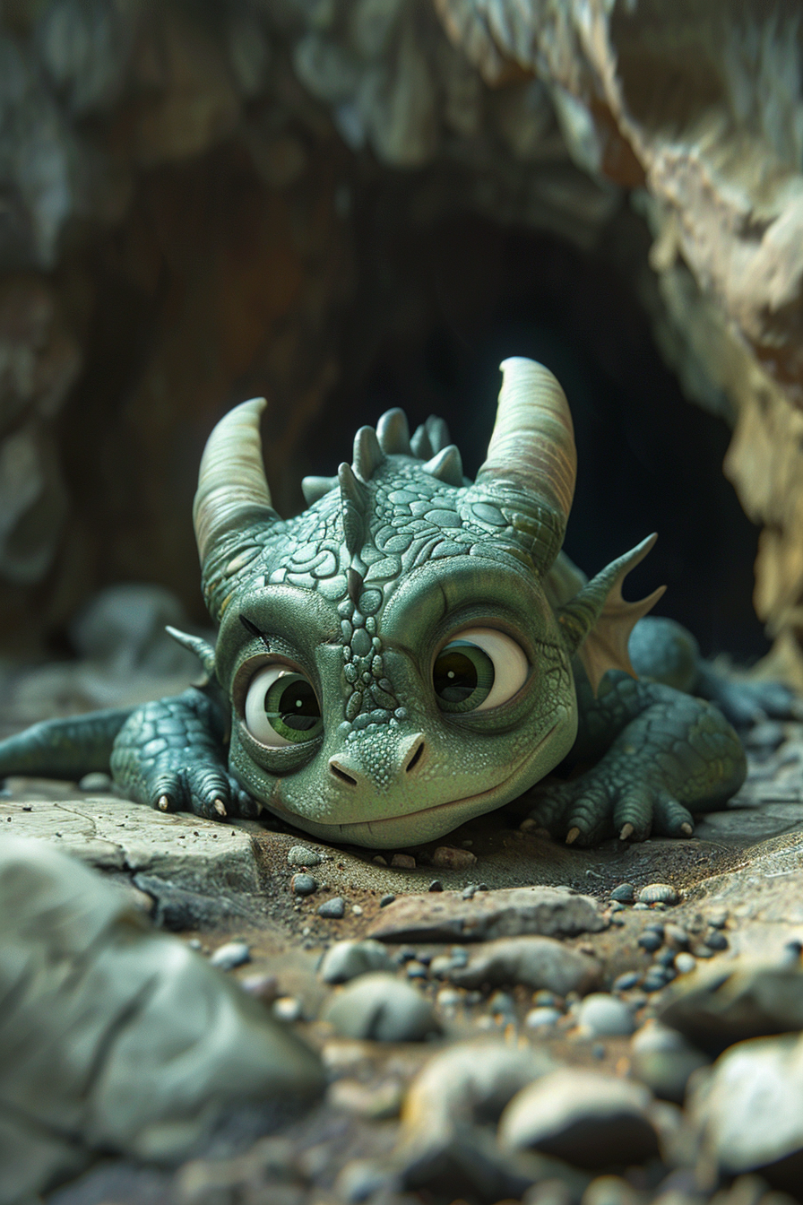 A Cute Green Dragon in a Magical Cave