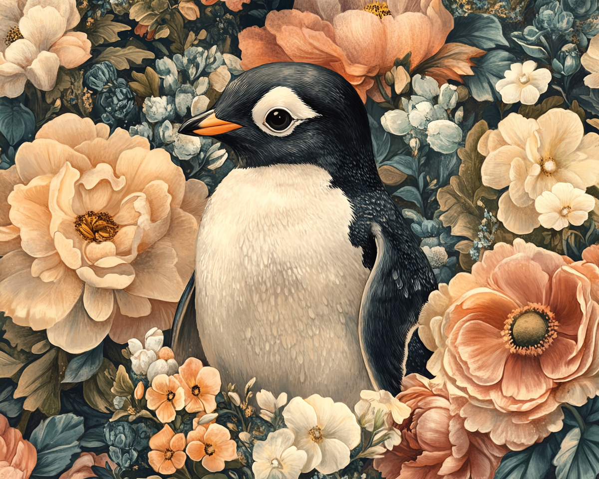 A Cute Penguin in a Flower Garden