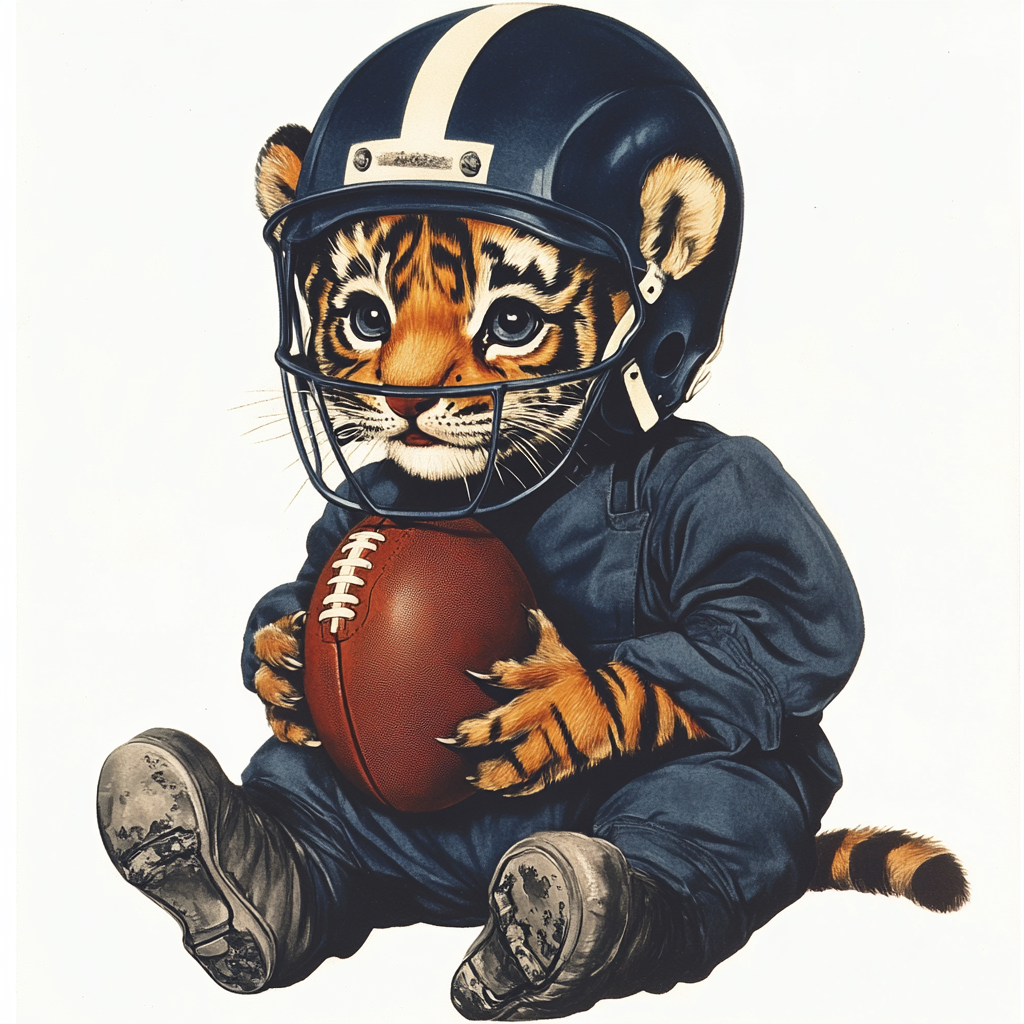 A Cute Tiger Cub in Football Gear. Vintage Style