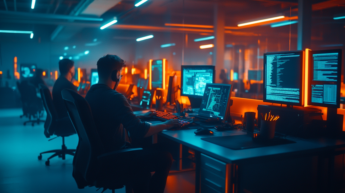 A Cyber Punk Office with Glowing Monitors