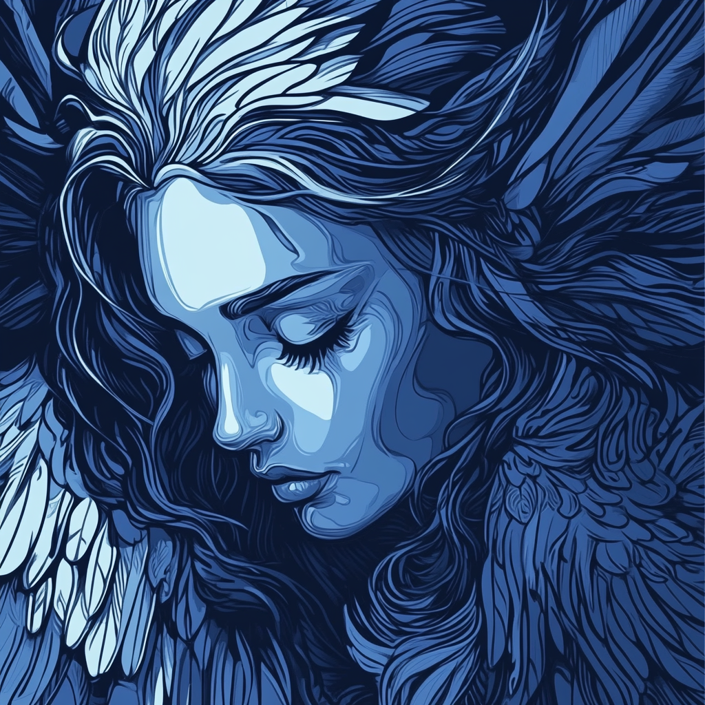 A Dark Blue, Black Cyber Angel Drawing