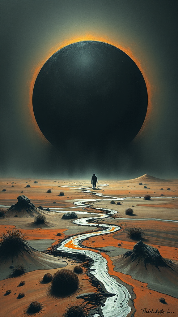 A Dark Surreal Desert Burning with Black Sun