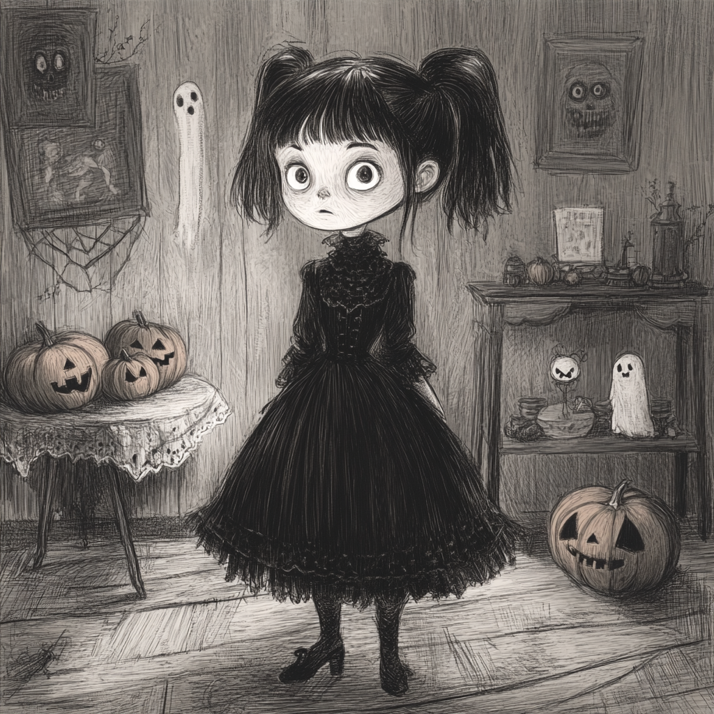 A Dark Victorian Girl in Halloween Room