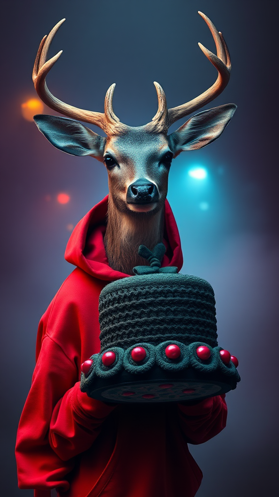 A Deer in a Red Hoodie Holding a Birthday Cake in Dreamy Neon Background