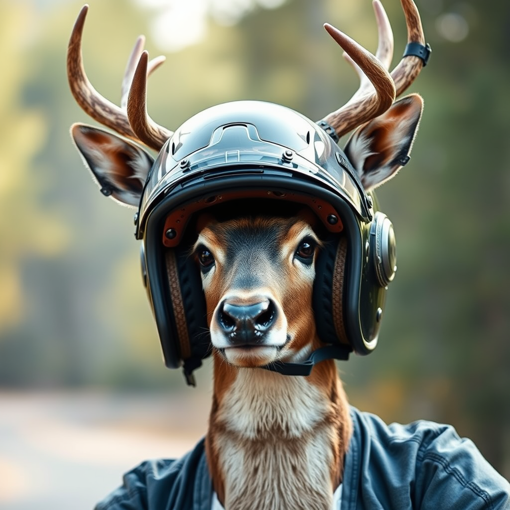 A Deer with a Vintage Motorcycle Helmet