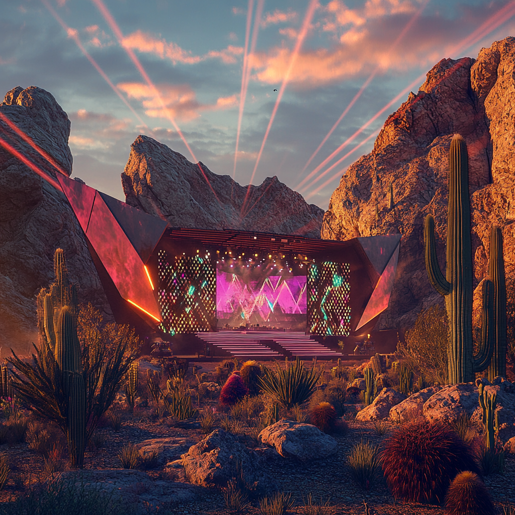 A Desert Rock Concert Stage with Cacti Skyline