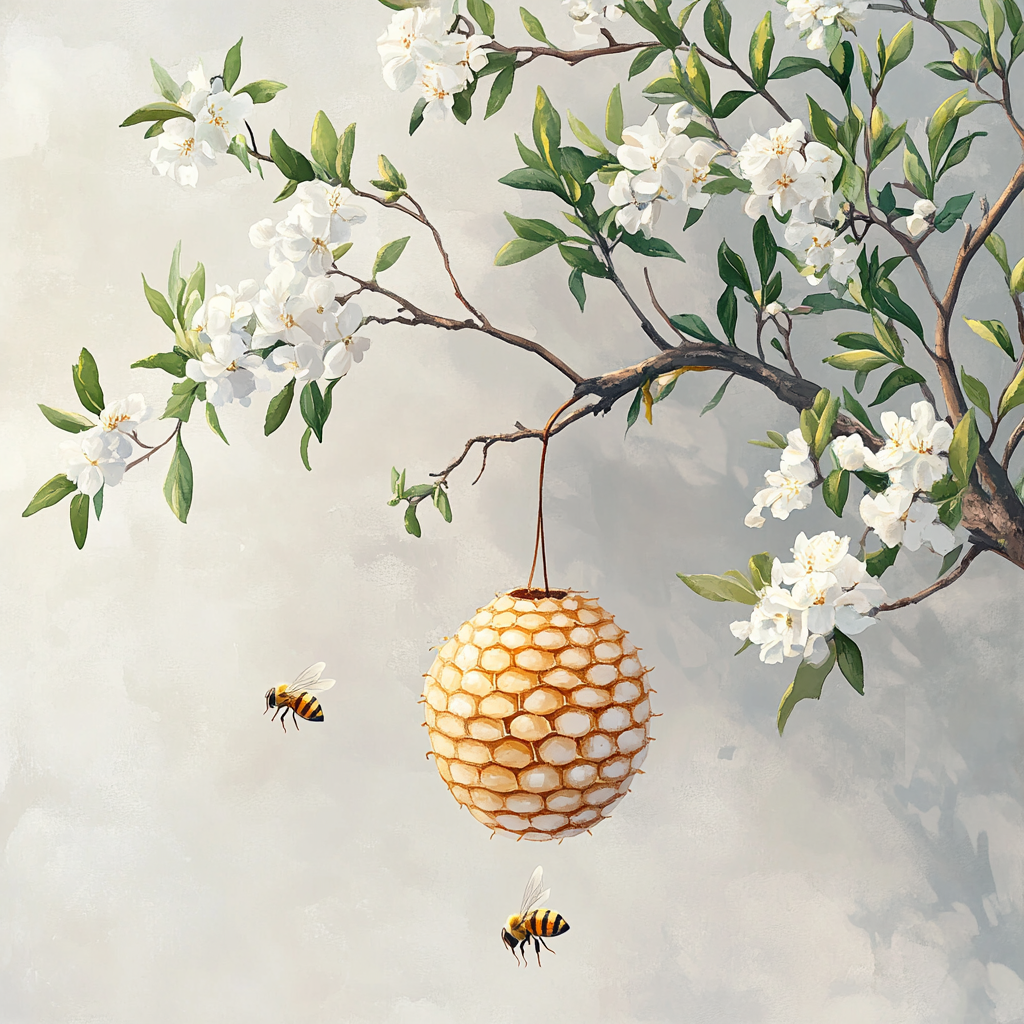 A Detailed Watercolor of Beehive on Flowering Tree