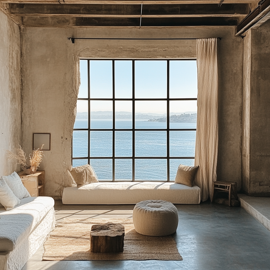 A Detailed Window in Warehouse Loft Overlooking Ocean