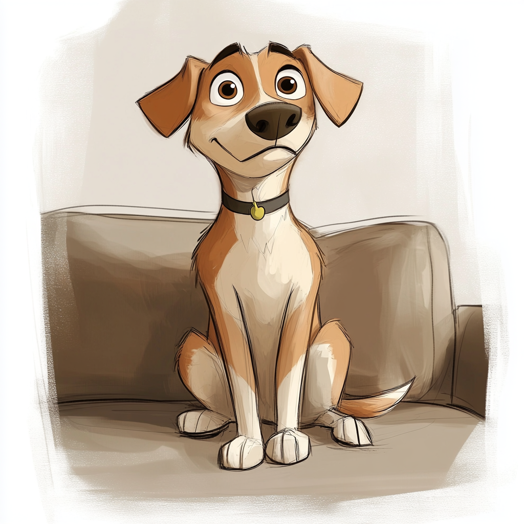 A Disney Pixar Style Medium-Sized Dog on Couch