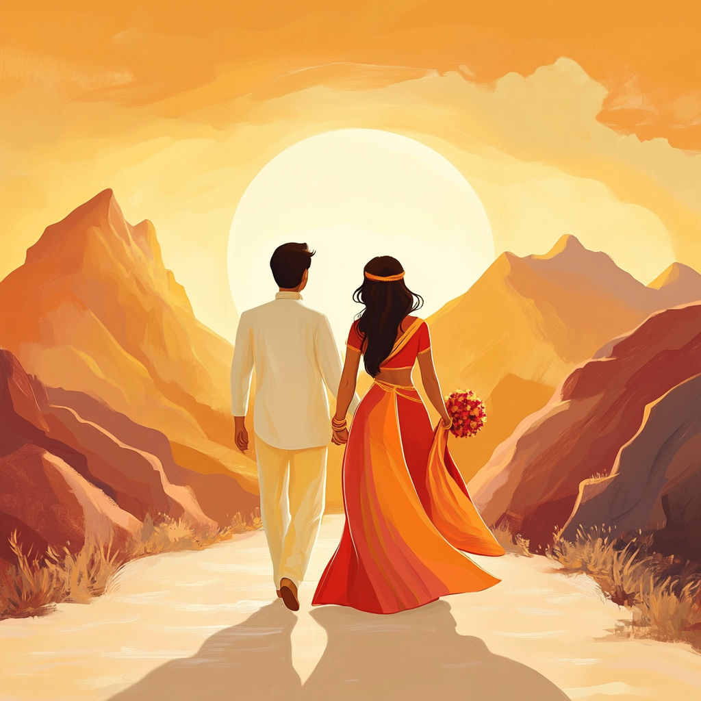 A Disney cartoon Indian wedding couple walking towards sunset