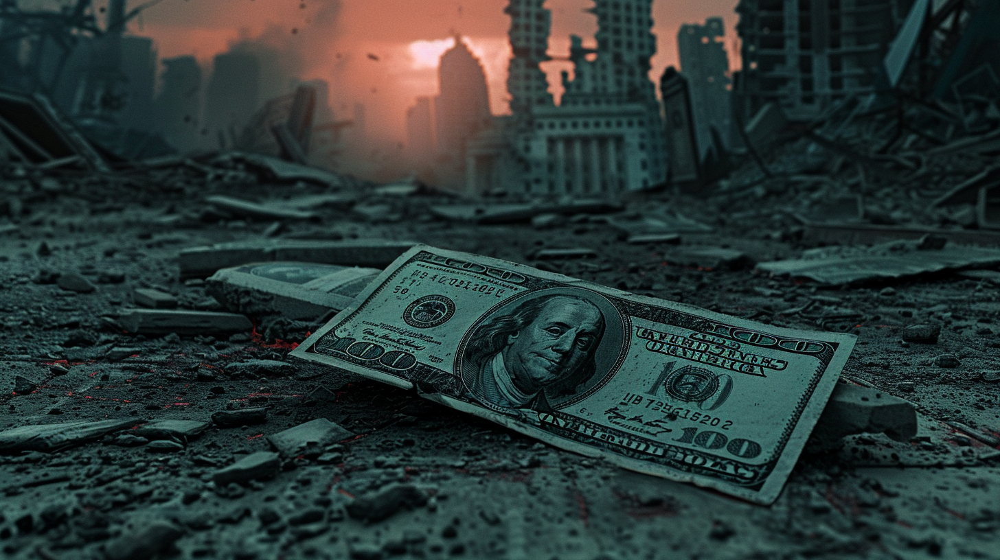 A Dollar Bill with Devil's Face in Ruined City