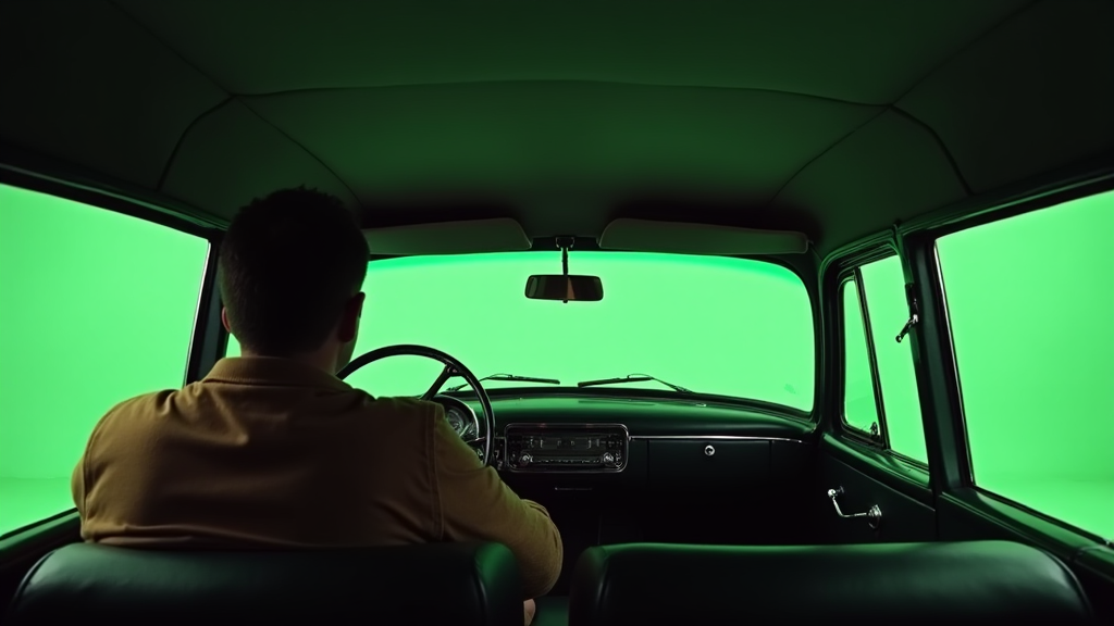 A Driver in old car with green screen windows.