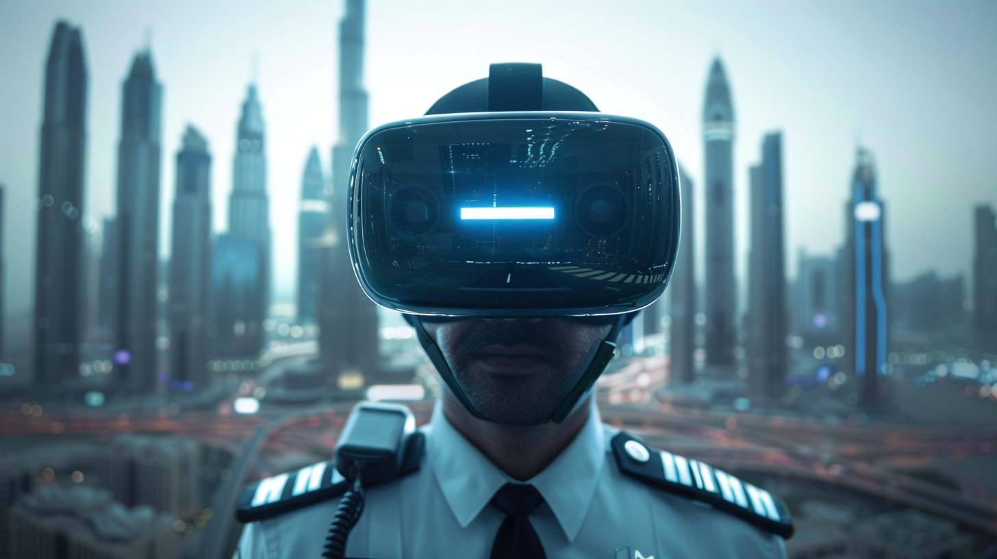 A Dubai police officer wears VR headset