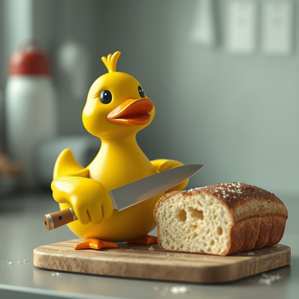 A Duck Toy with a Knife and Bread