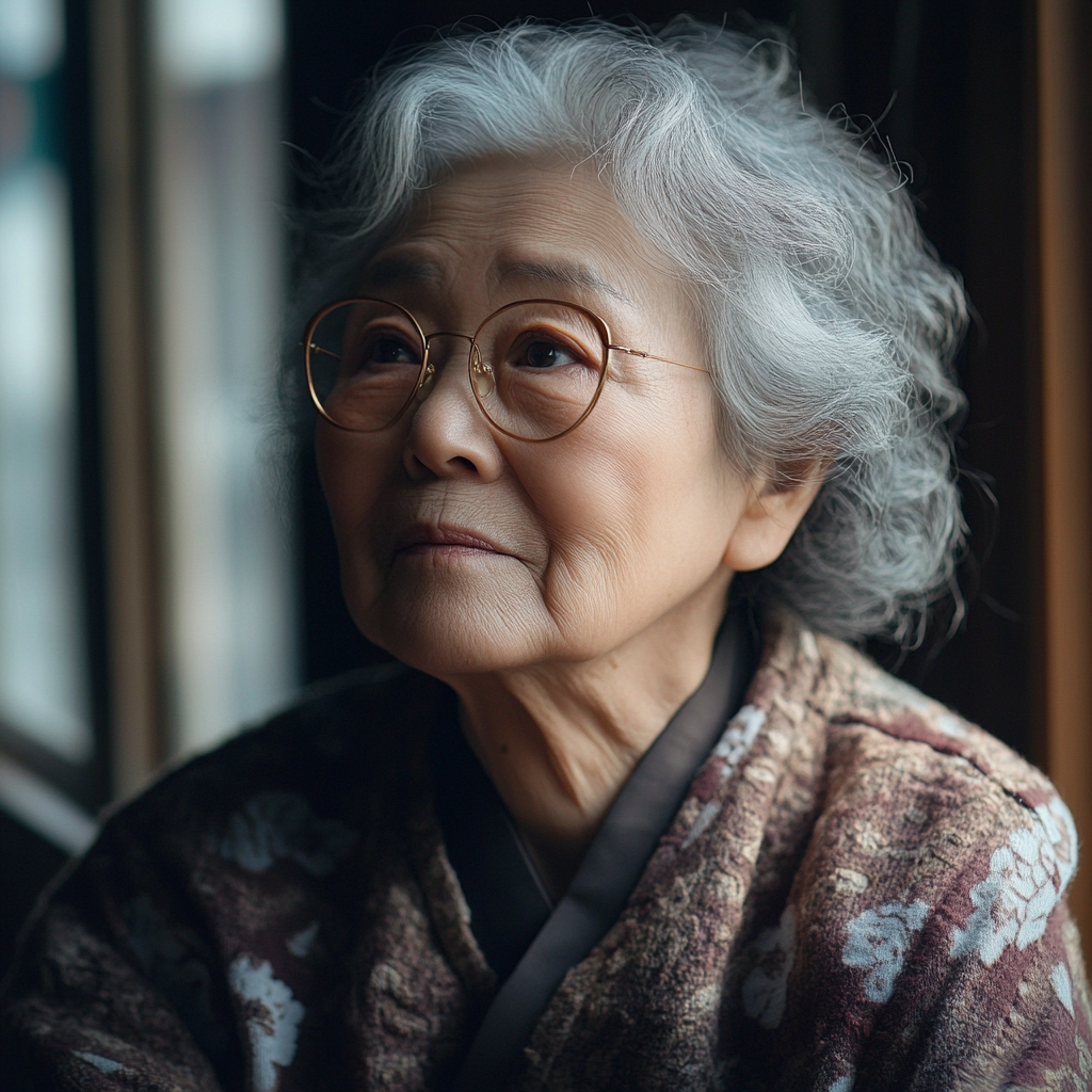 A Elderly woman shows humility through faith connection.