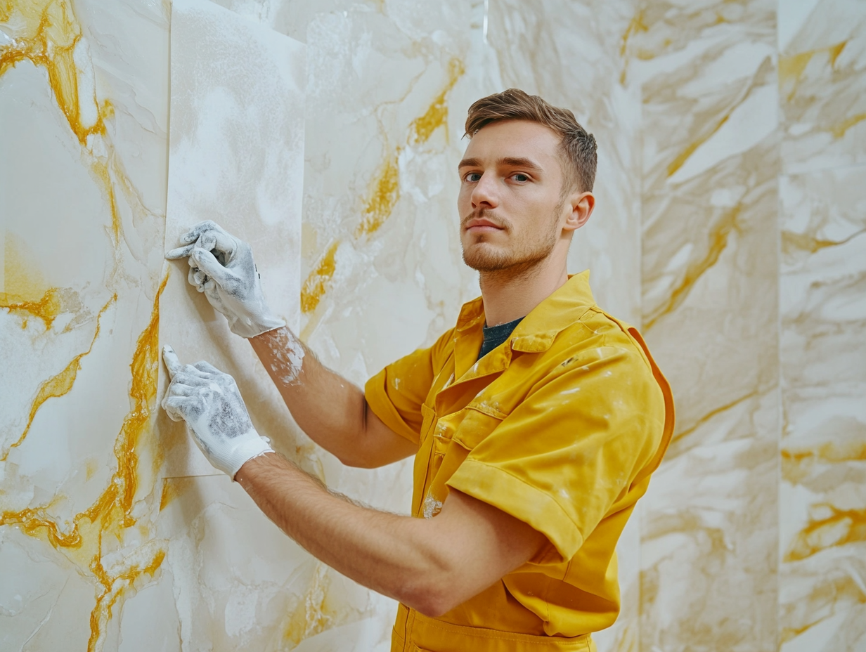 A European builder in yellow glues marble panel