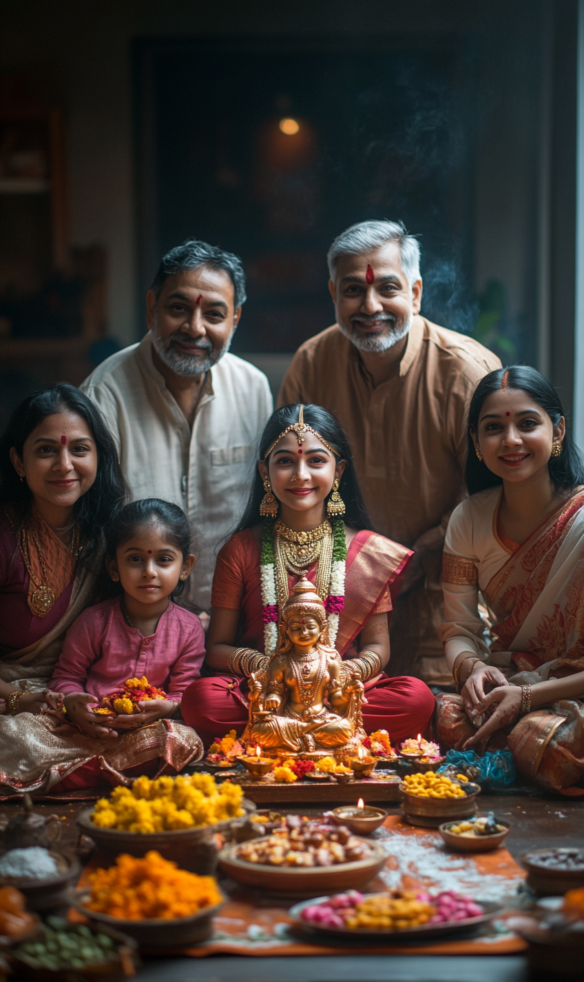 A Family Celebrates Diwali Puja with Goddess