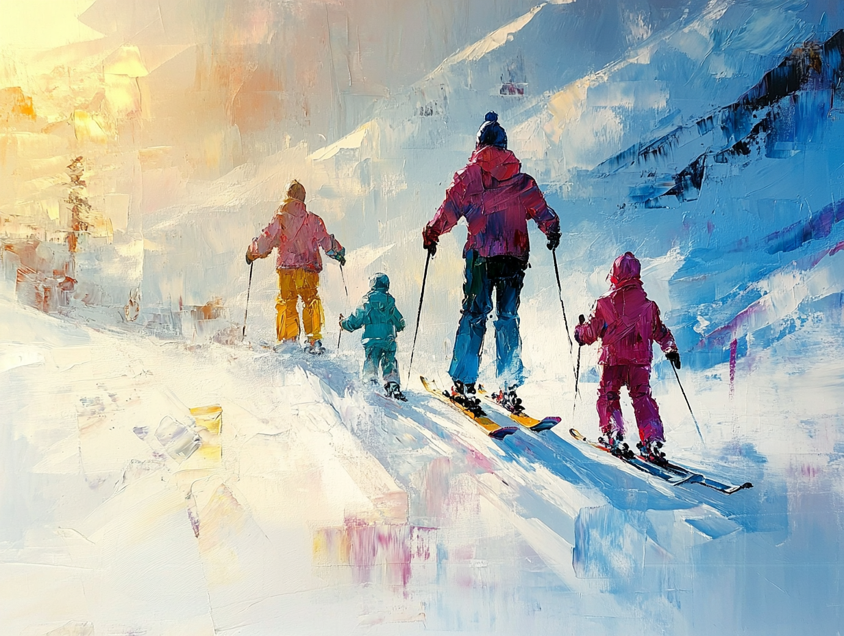 A Family Skiing Together in Abstract Style