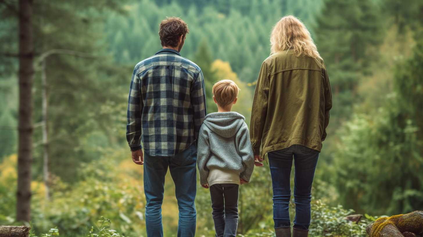 A Family in Forest: Parents, Child in Nature