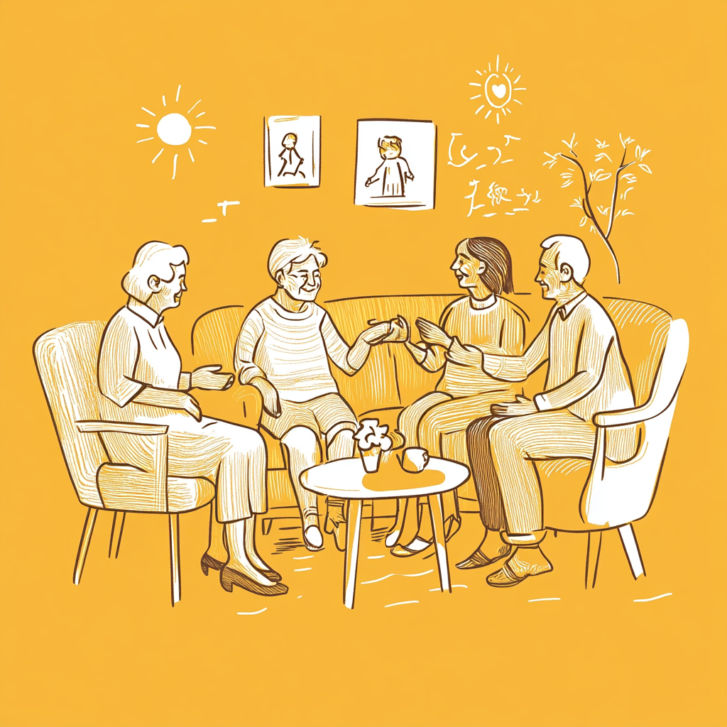 A Family of Four Talking on Mustard Sofa