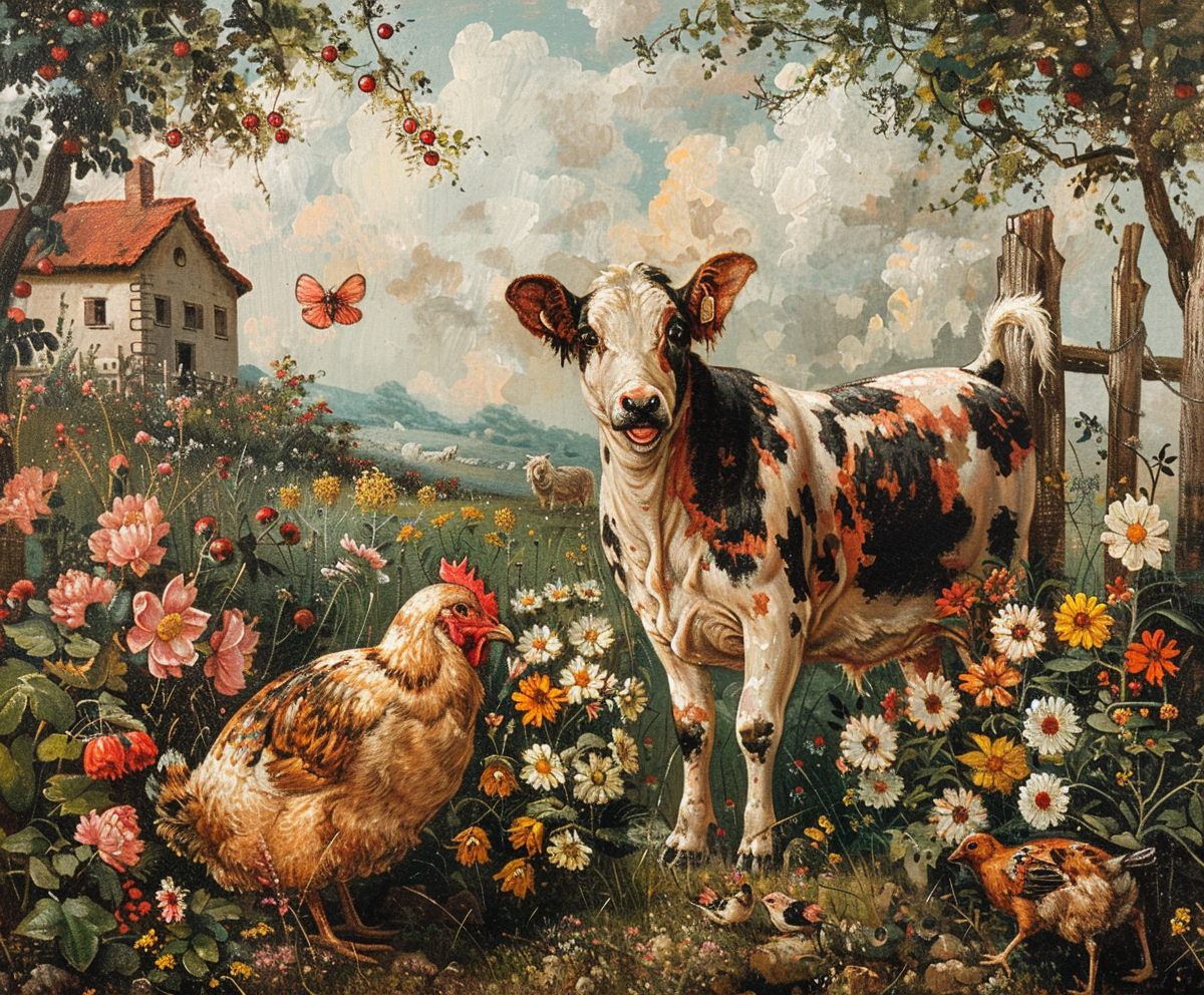 A Farmyard Painting with Animals in Naive Style