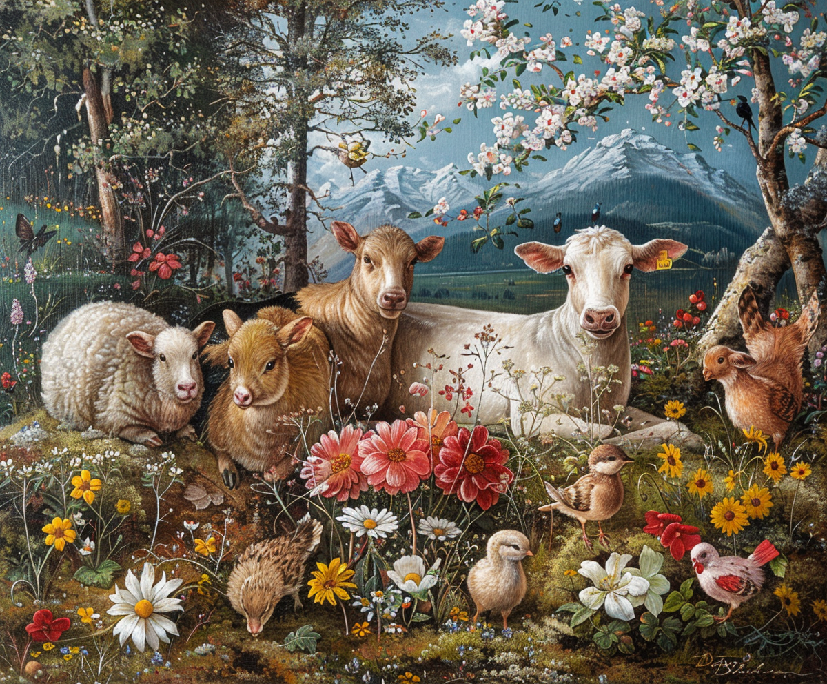 A Farmyard with Animals in a Naïve Style