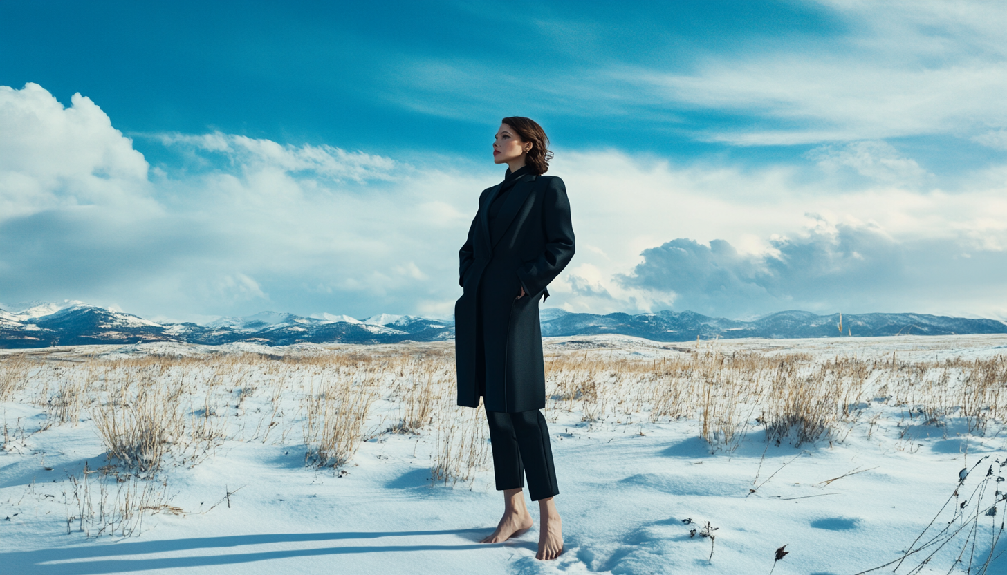 A Fashionable Lawyer Stands in Snowy Landscape