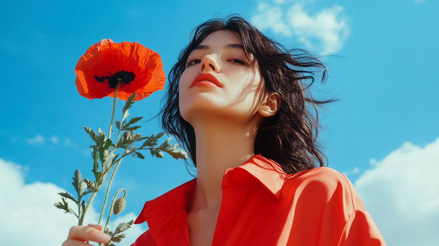 A Fashionable Woman Holding Poppy Flower Under Sky