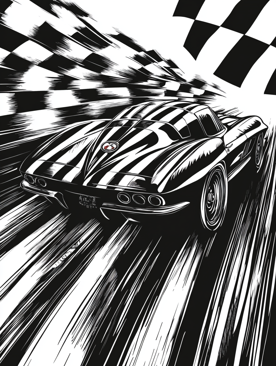 A Fast Corvette Racing in Classic Woodcut Style