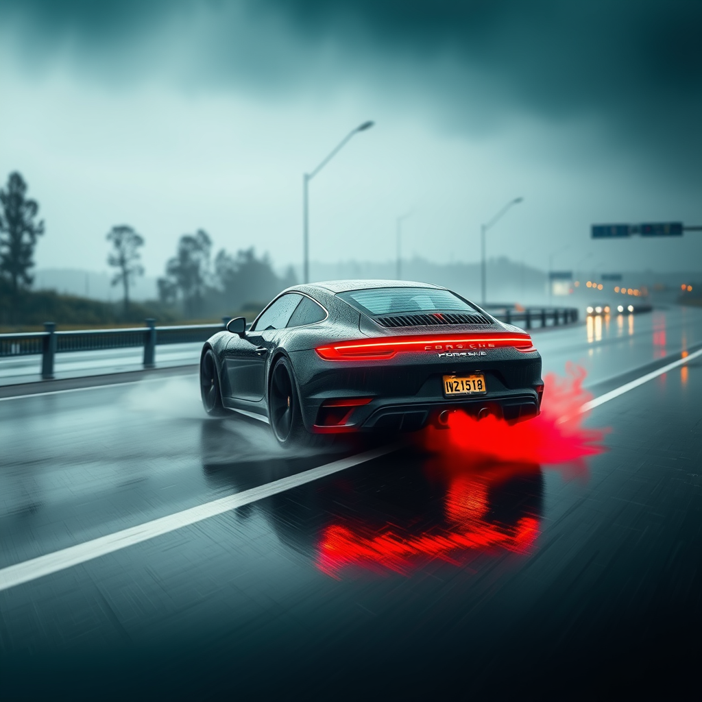 A Fast Porsche 911 Drifting in Rainy Highway
