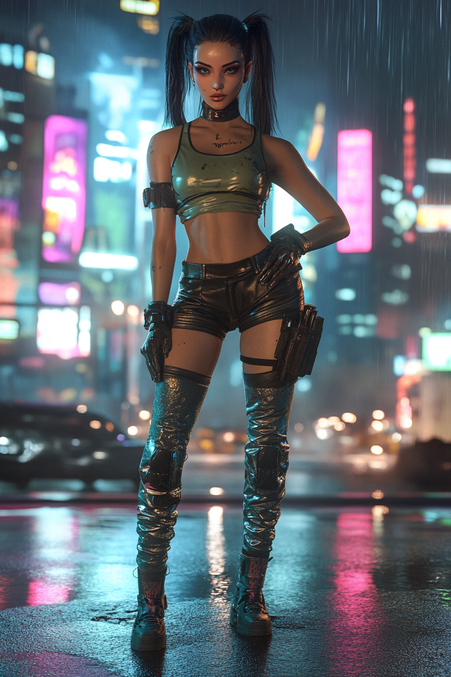 A Female Cyberpunk Character in City at Night