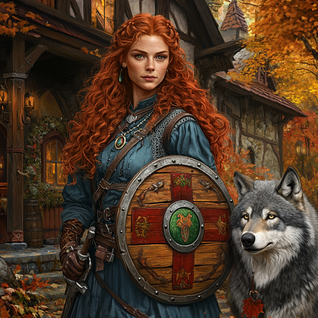 A Female Druid with Red Hair and Wolf