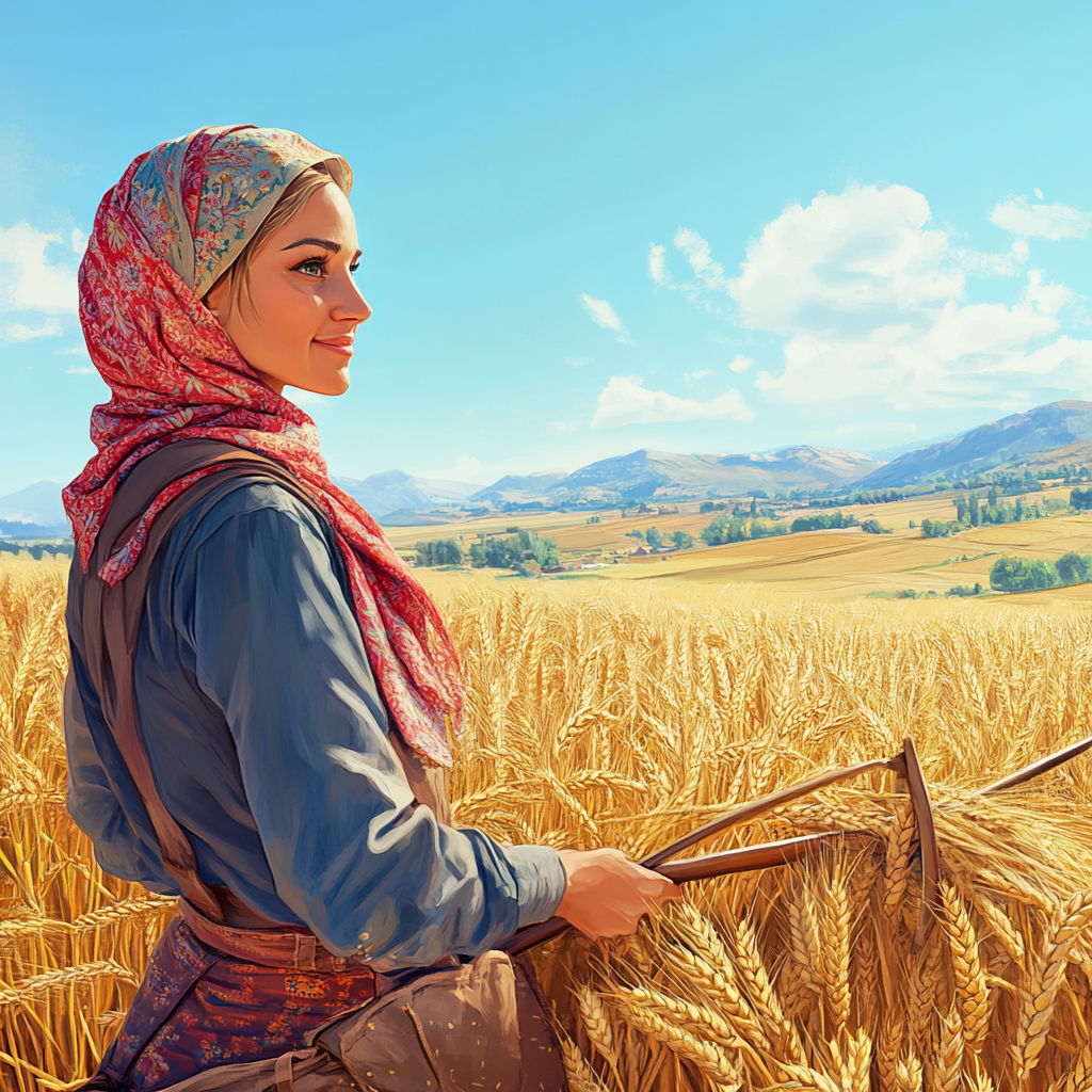 A Female Farmer in Vibrant Outfit Harvests Wheat.