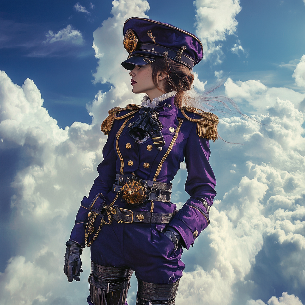 A Female Steampunk Sailor in Purple Navy Uniform