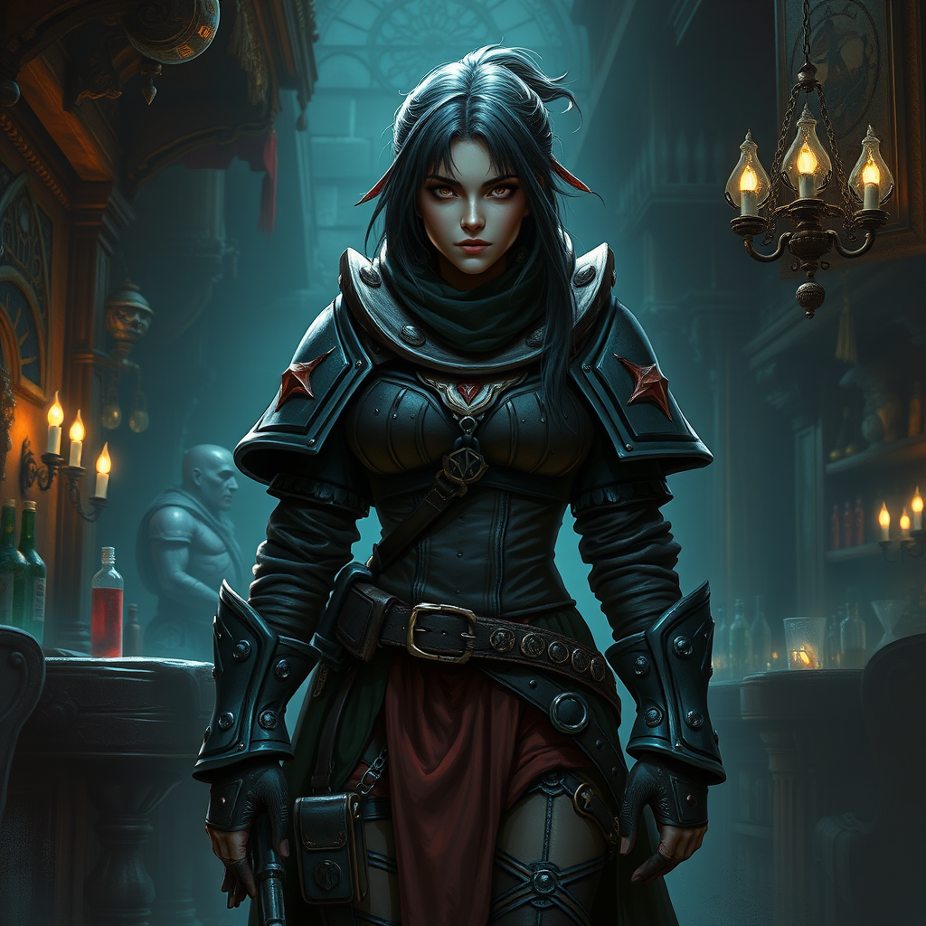 A Female Warhammer Citizen in a Gothic Bar