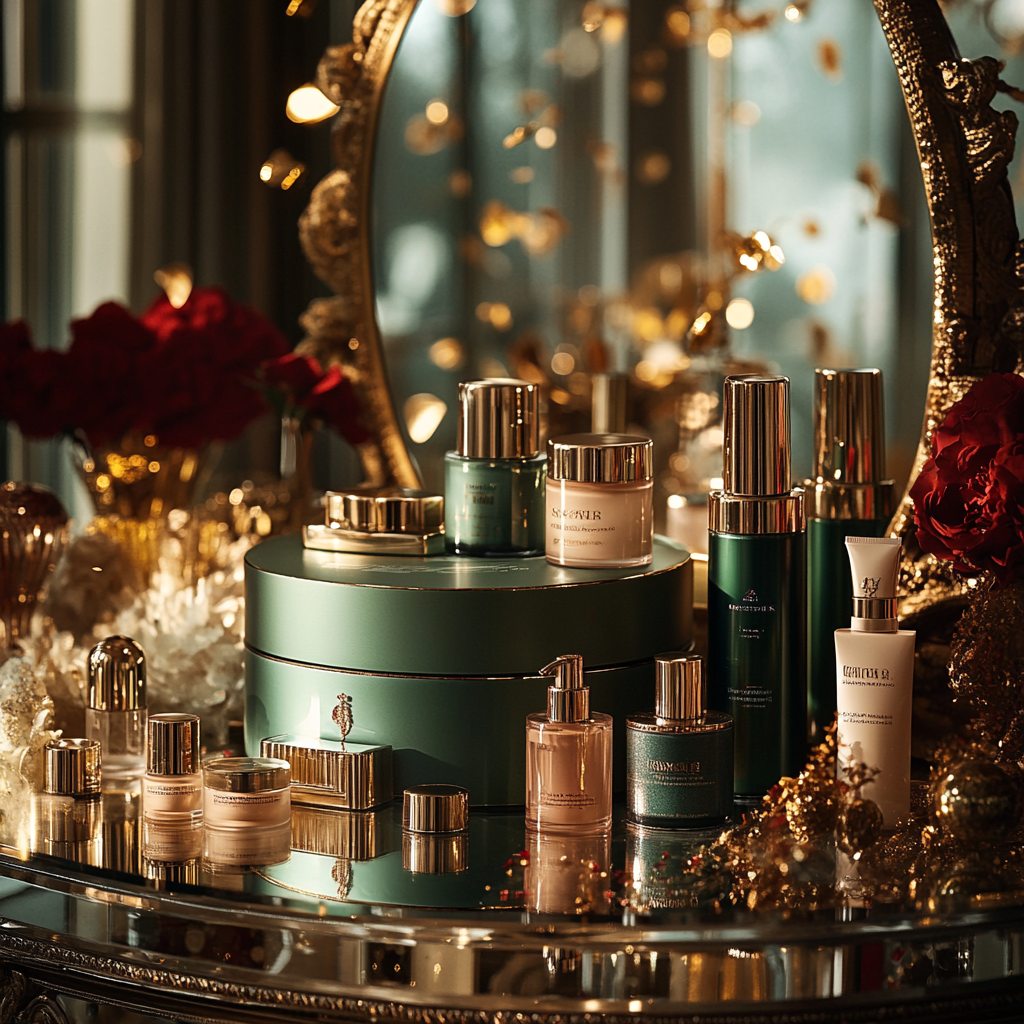 A Festive Beauty Product Display in Gold Room