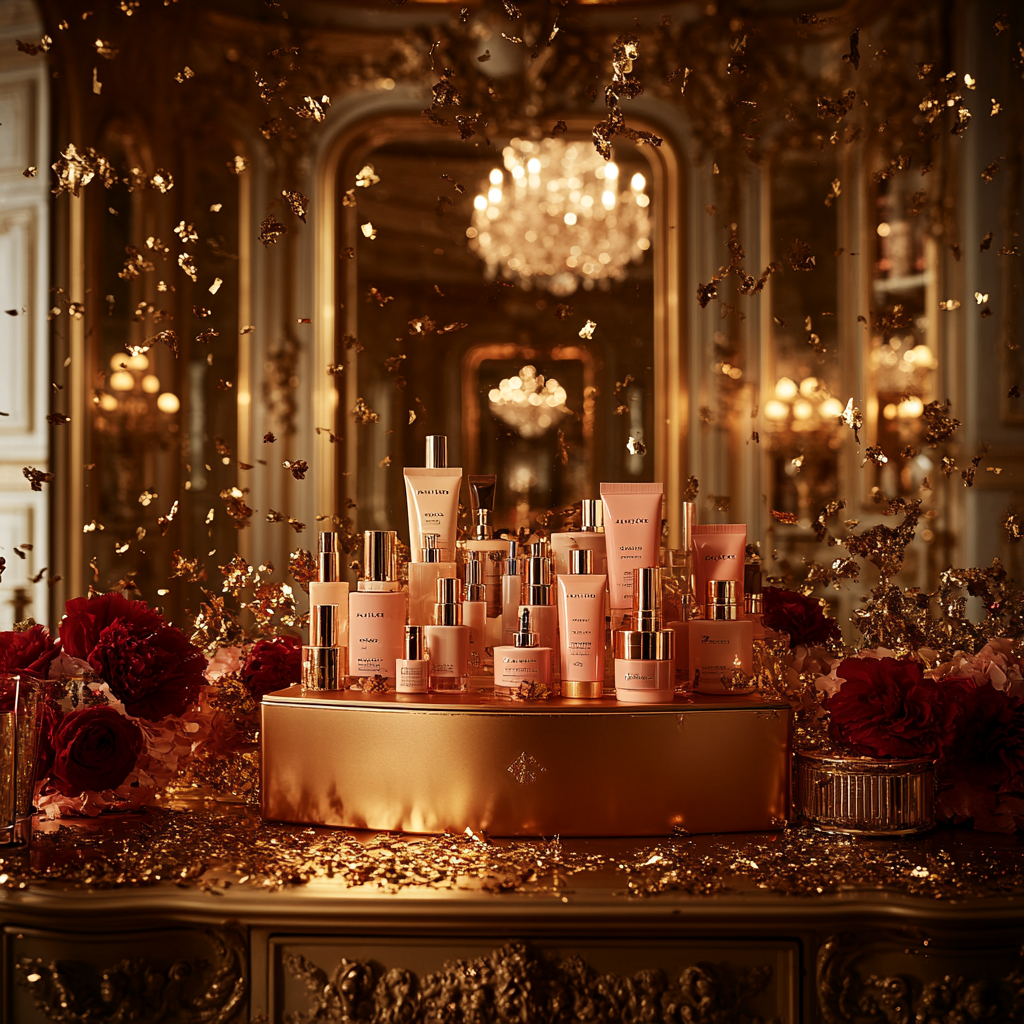 A Festive Beauty Product Showcase in Gold Room