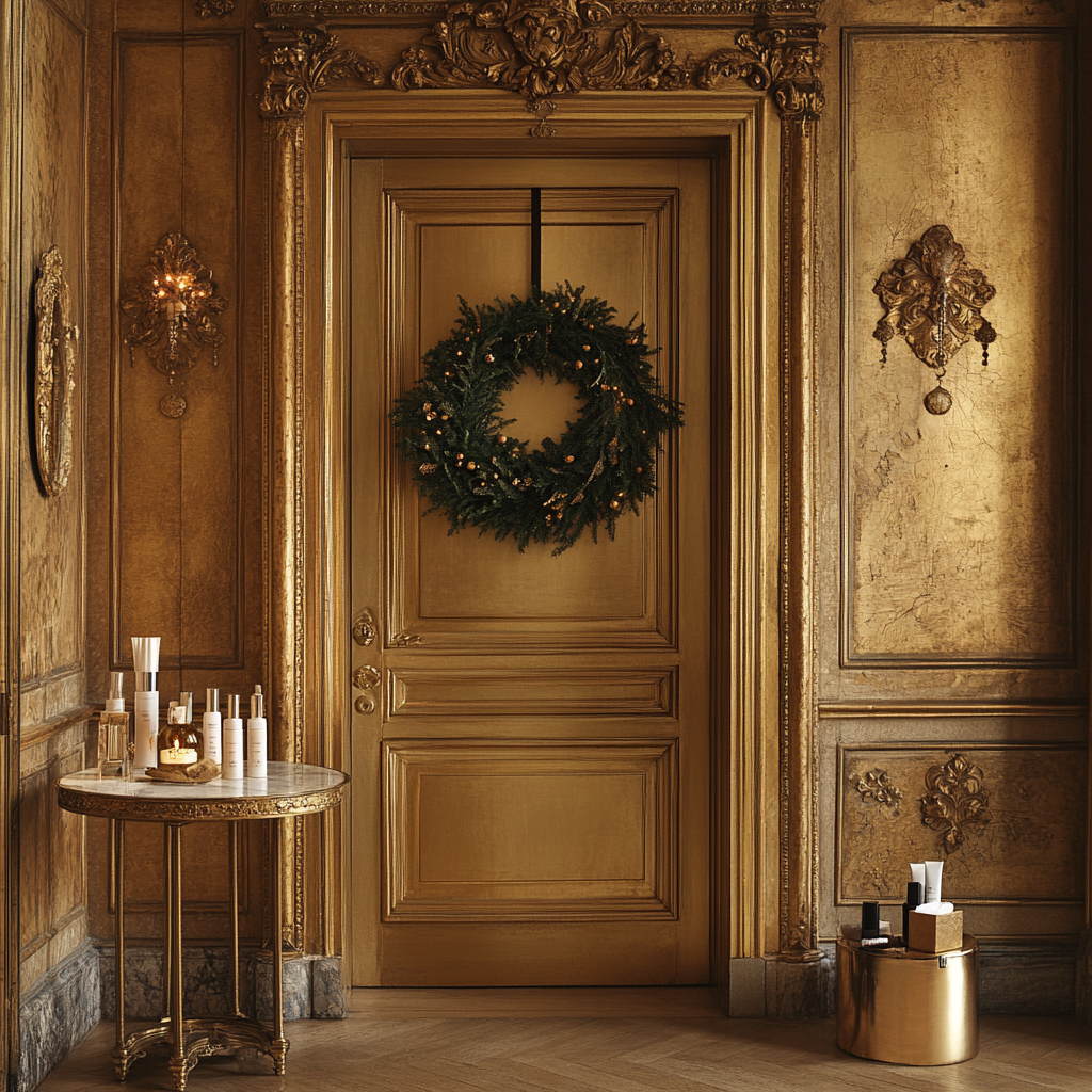 A Festive Cardboard Wreath in a Golden Room