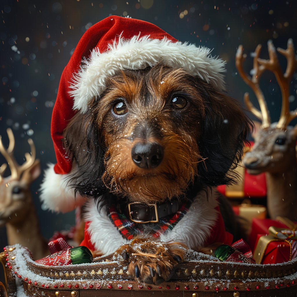 A Festive Dachshund in Santa Sleigh Scene